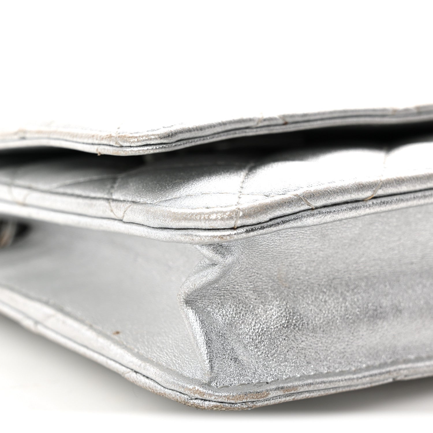 Metallic Lambskin Quilted Wallet On Chain WOC Silver
