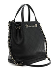 Calfskin Stitched Chain Top Handle Bucket Bag Black