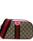 GG Supreme Monogram Textured Dollar Calfskin Web Ophidia Small Crossbody Bag Beige Ebony Fuchsia