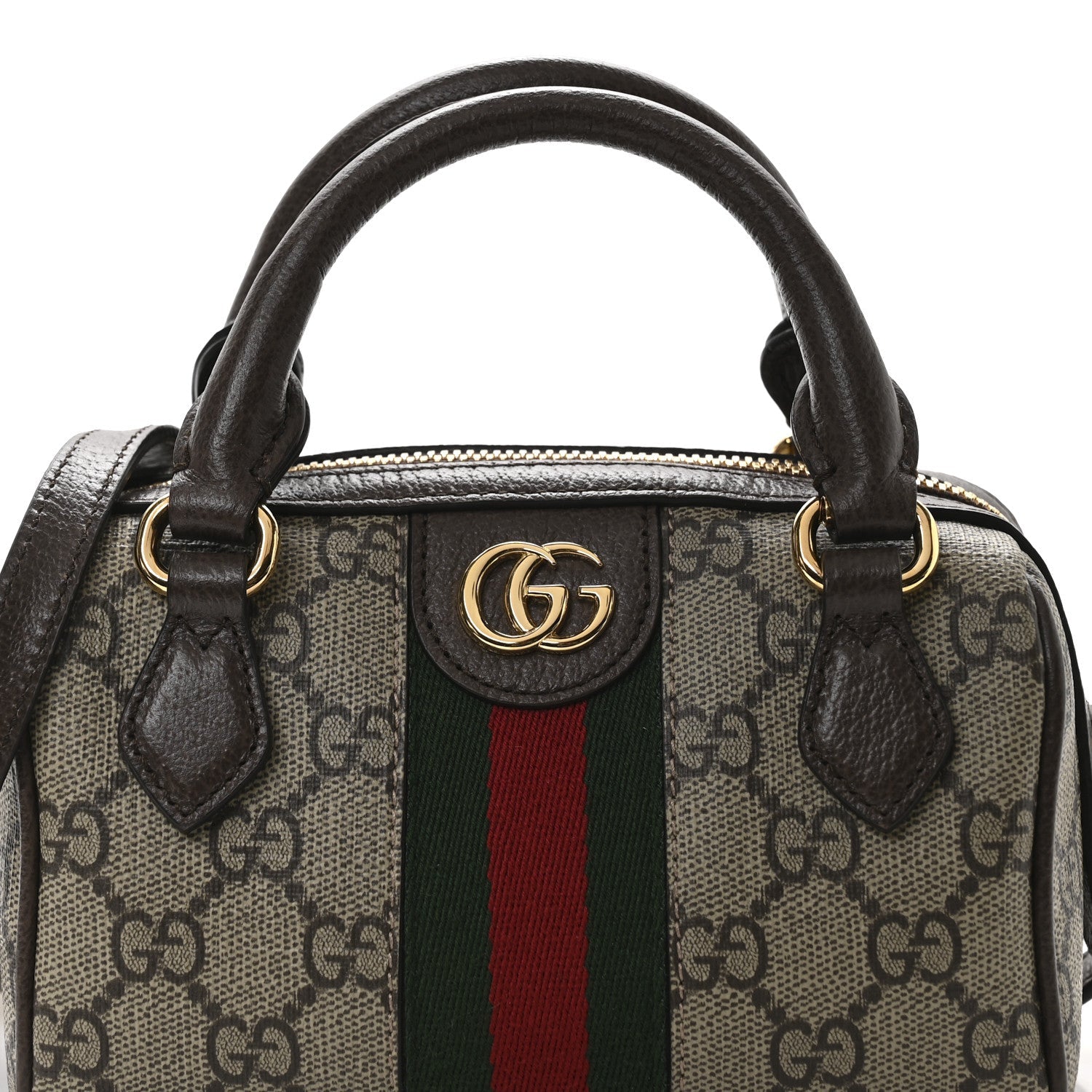GG Supreme Monogram Textured Dollar Calfskin Web Super Mini Ophidia Top Handle Bowler Bag Beige Ebony New Acero