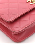 Lambskin Quilted Trendy CC Wallet On Chain WOC Bright Pink