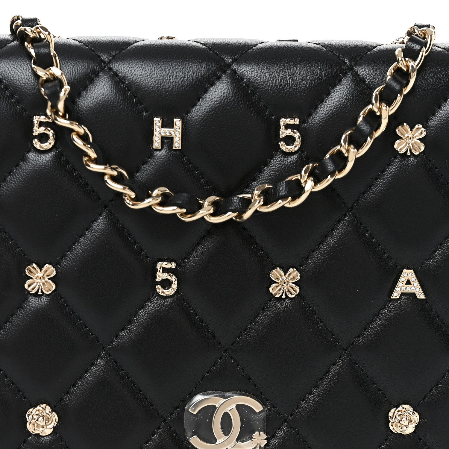 Lambskin Quilted All About CHNL Charm Wallet On Chain WOC Black