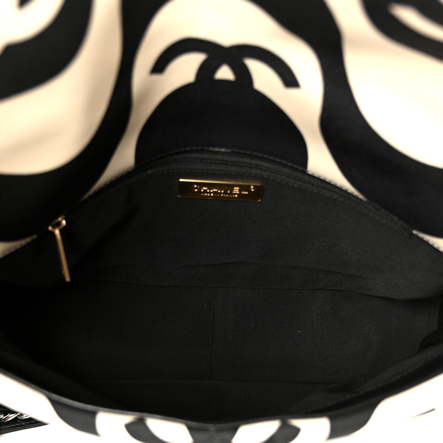 Fabric Printed Large CHNL 19 Flap Black Ecru