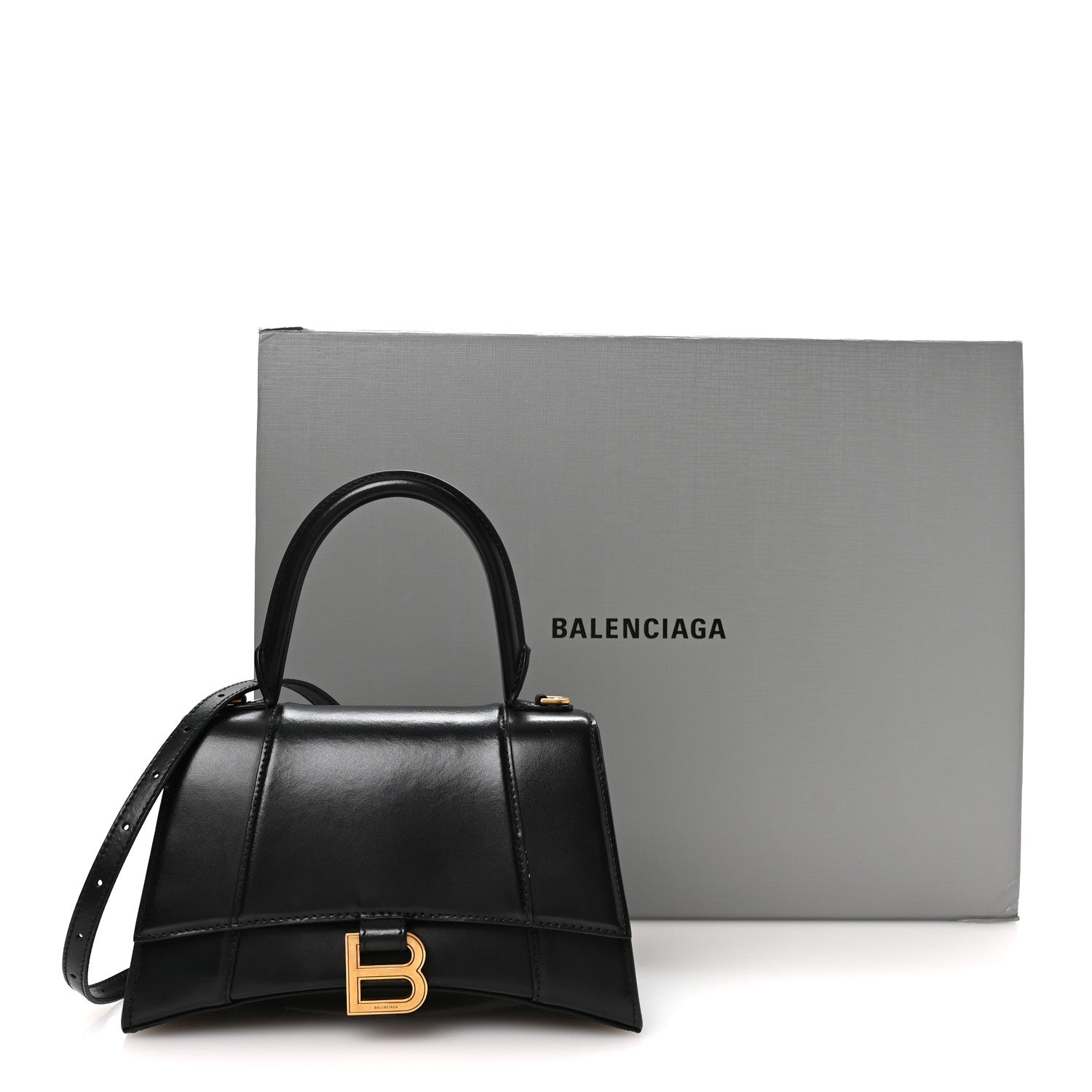 Shiny Box Calfskin Small Hourglass Top Handle Bag Black