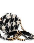 Wool Tweed Lambskin Quilted CHNL 19 Round Clutch With Chain and Coin Purse Black White