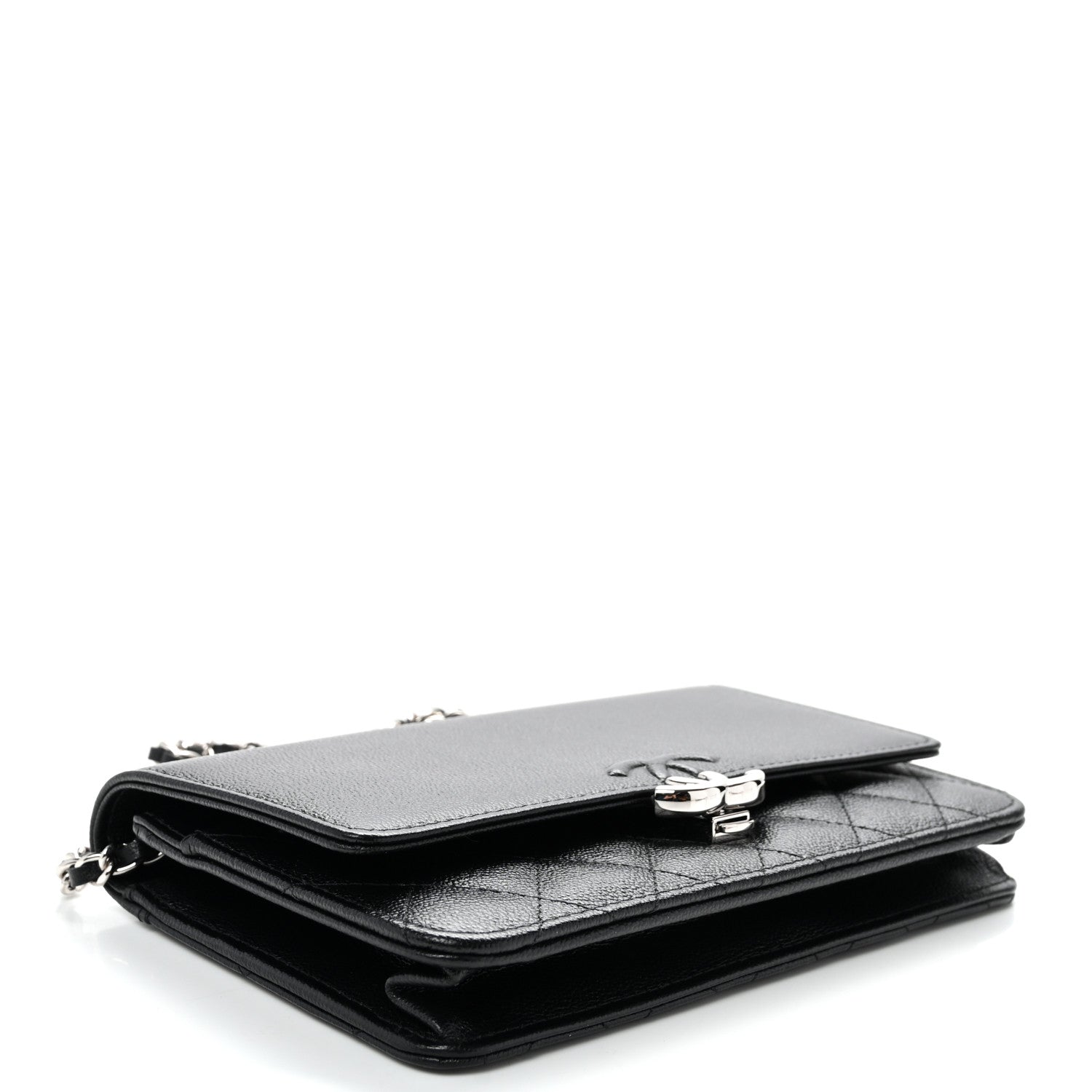 Grained Calfskin Quilted CC Box Wallet On Chain WOC Black