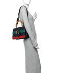 Moon Calfskin Web Medium Dionysus Bamboo Top Handle Bag Blue Emerald Hibiscus Red