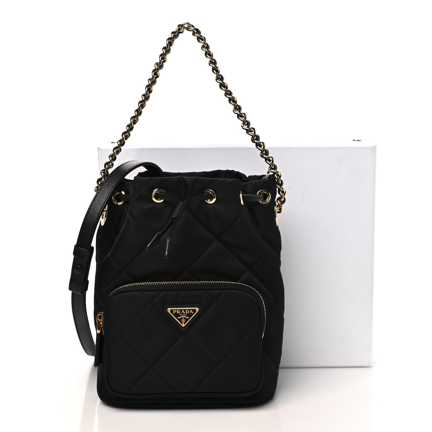 Re-Nylon Saffiano Stitched Duet Bucket Bag Black