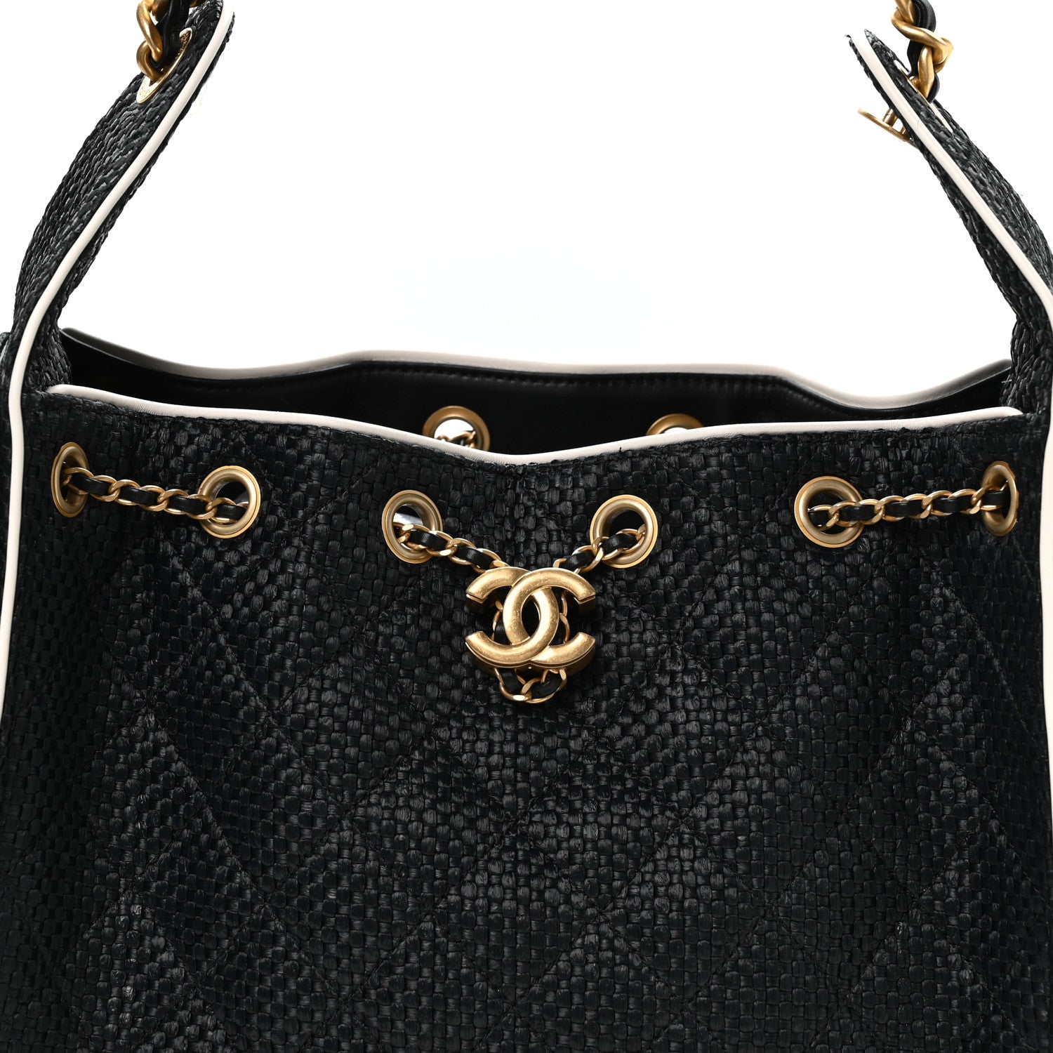 Braided Raffia Calfskin Small CHNL 25 Handbag Black White