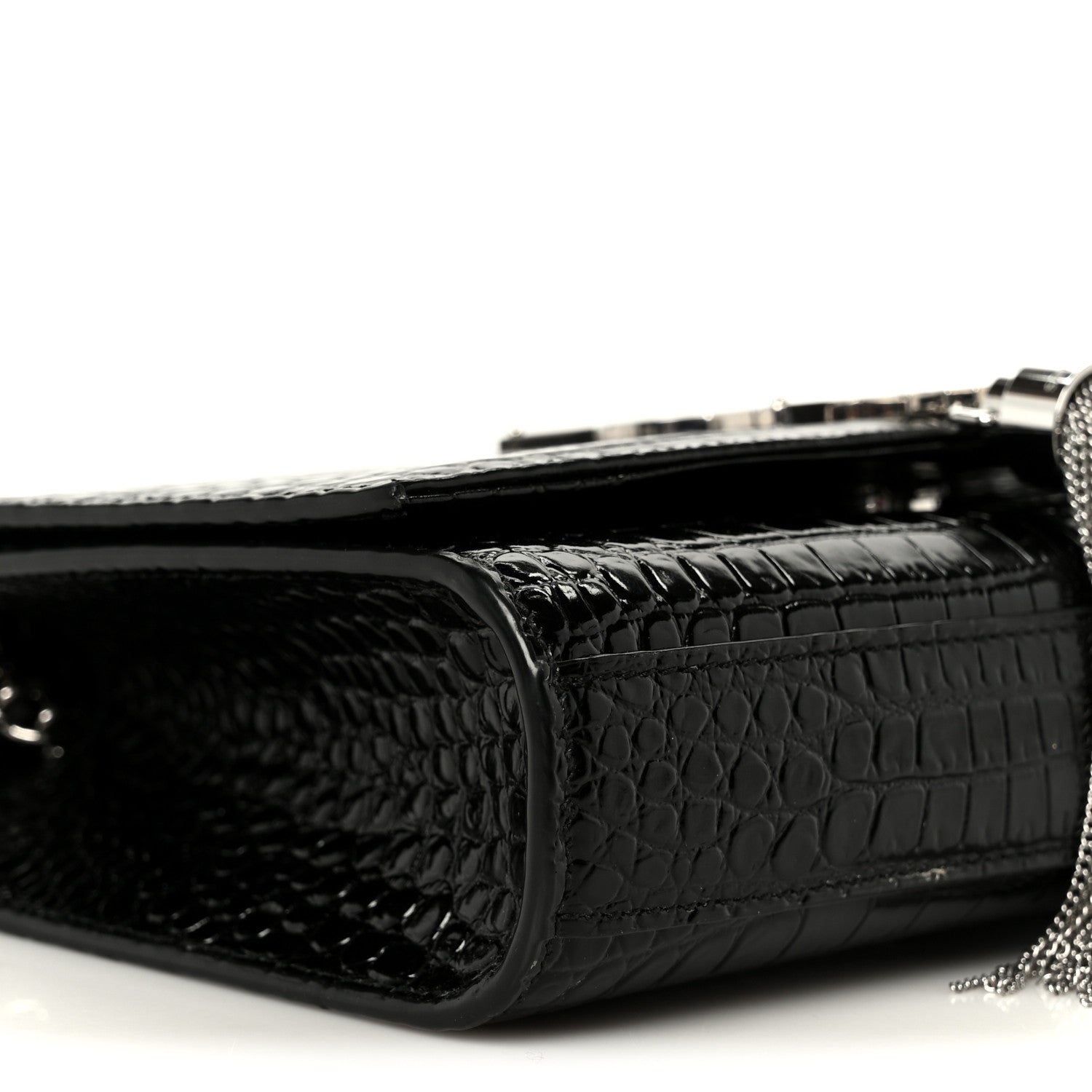 Calfskin Crocodile Embossed Small Classic Monogram Kate Tassel Satchel Black