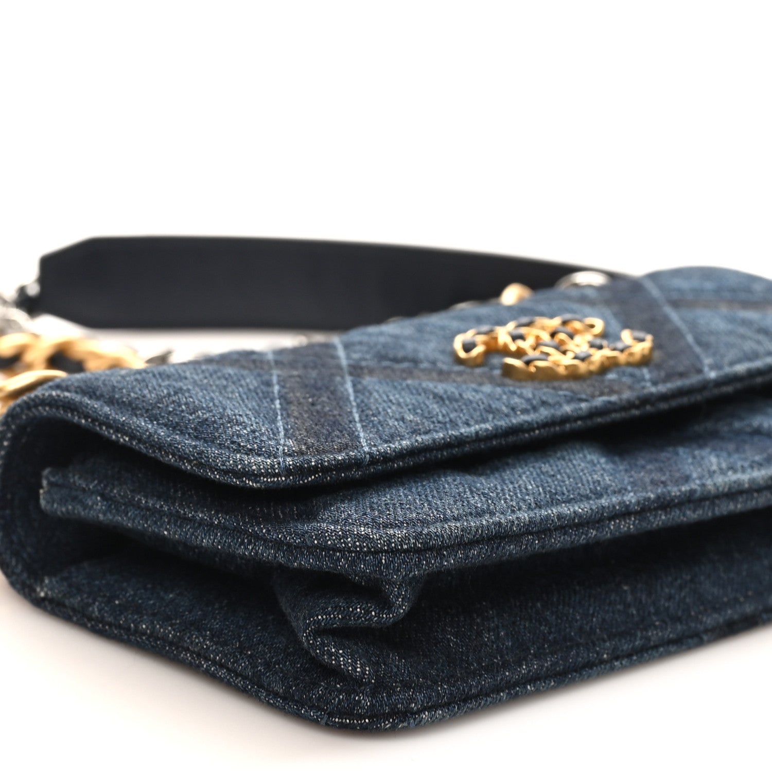 Denim Quilted CHNL 19 Flap Phone Holder With Chain Blue