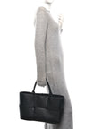 Grained Calfskin Maxi Intrecciato Medium Arco Tote Black