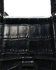 Shiny Calfskin Monochrome Crocodile Embossed Small Hourglass Top Handle Bag Black