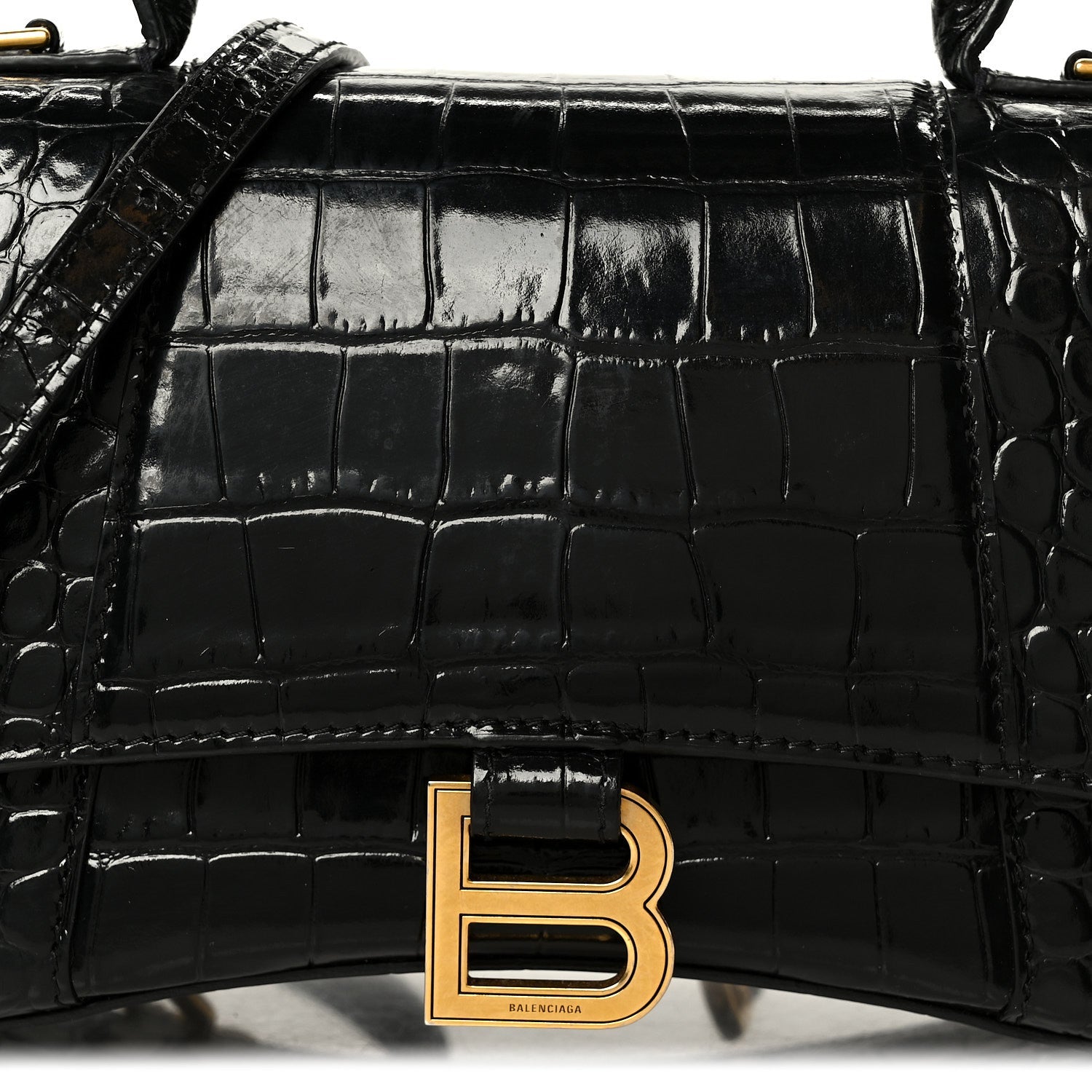 Shiny Calfskin Crocodile Embossed Small Hourglass Top Handle Bag Black