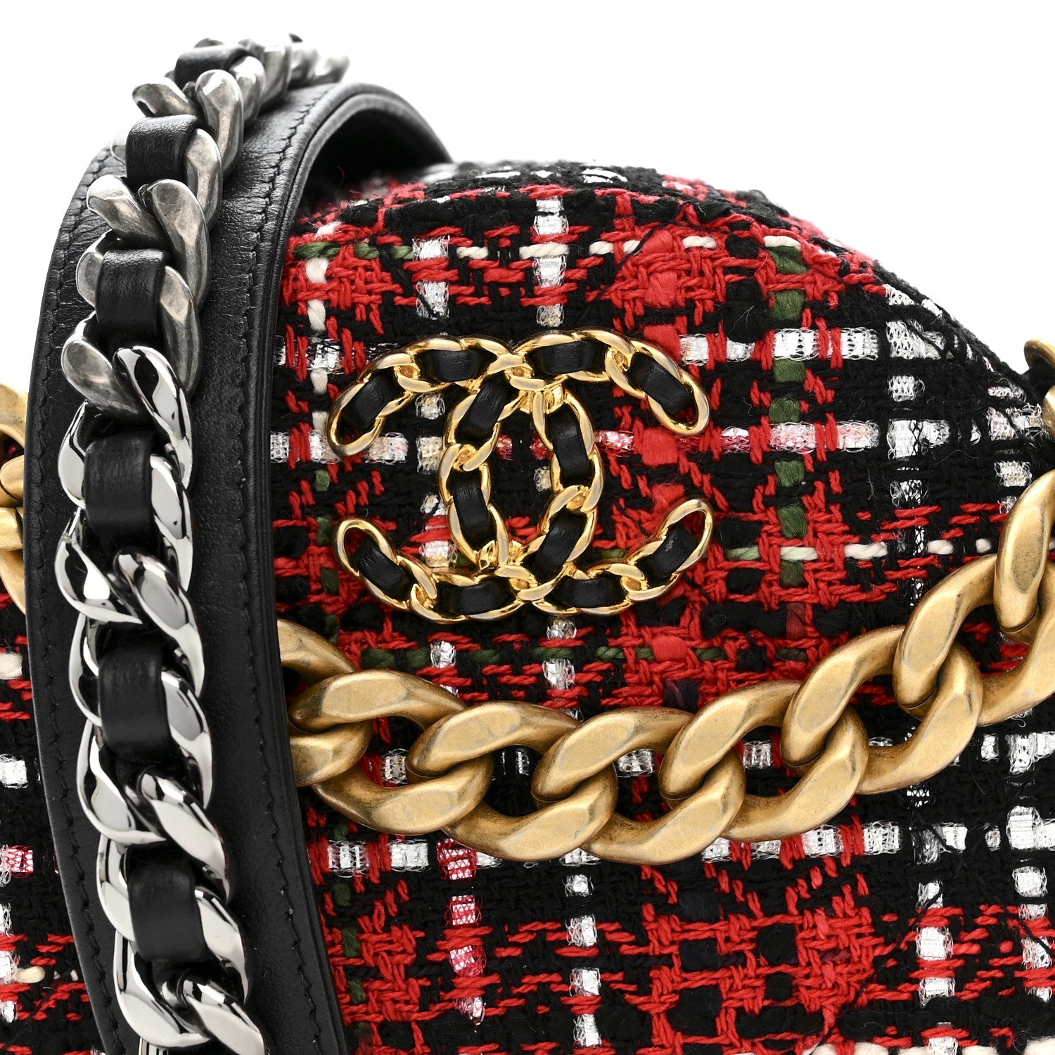 Tweed Quilted CHNL 19 Round Clutch With Chain  Red Black White Green