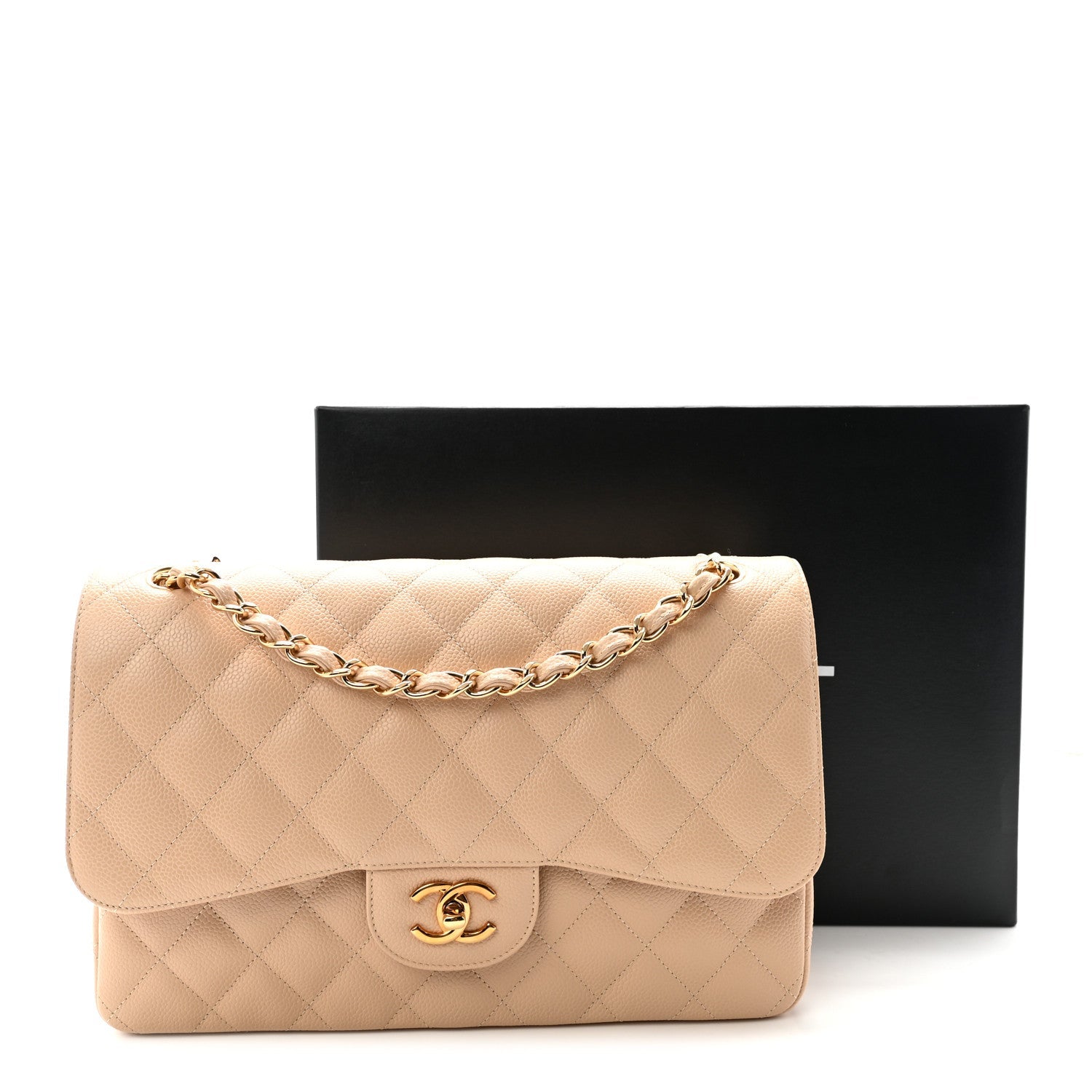 Caviar Quilted Jumbo Double Flap Light Beige
