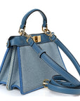 Woven Fabric Calfskin Floral Embroidered Petite Peekaboo I SEE U Satchel Blue