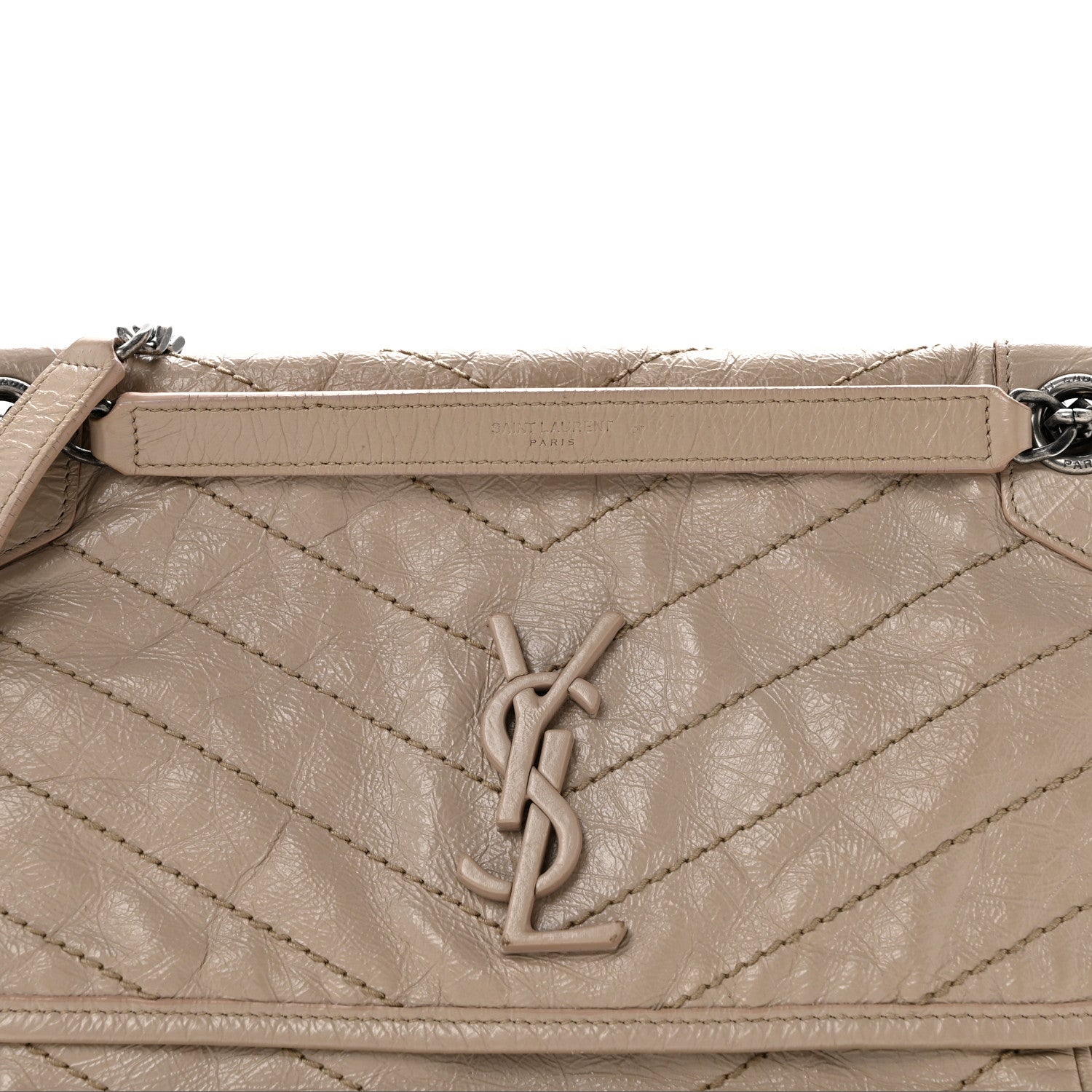 Crinkled Calfskin Matelasse Monogram Medium Niki Chain Satchel Gold Sand