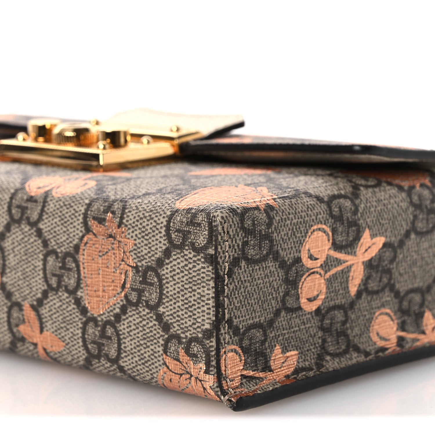 GG Supreme Monogram Berry Textured Dollar Calfskin Mini Padlock Top Handle Shoulder Bag Beige Ebony Light Copper Mystic White