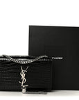 Calfskin Crocodile Embossed Small Classic Monogram Kate Tassel Satchel Black