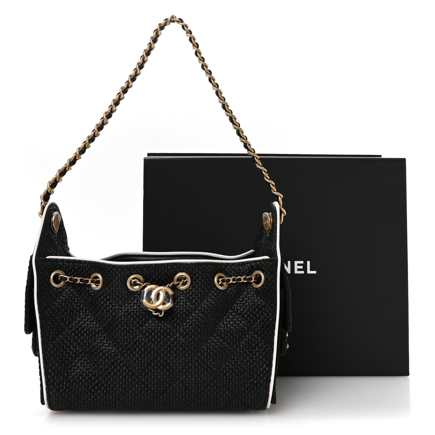 Braided Raffia Calfskin Quilted Mini CHNL 25 Handbag Black White