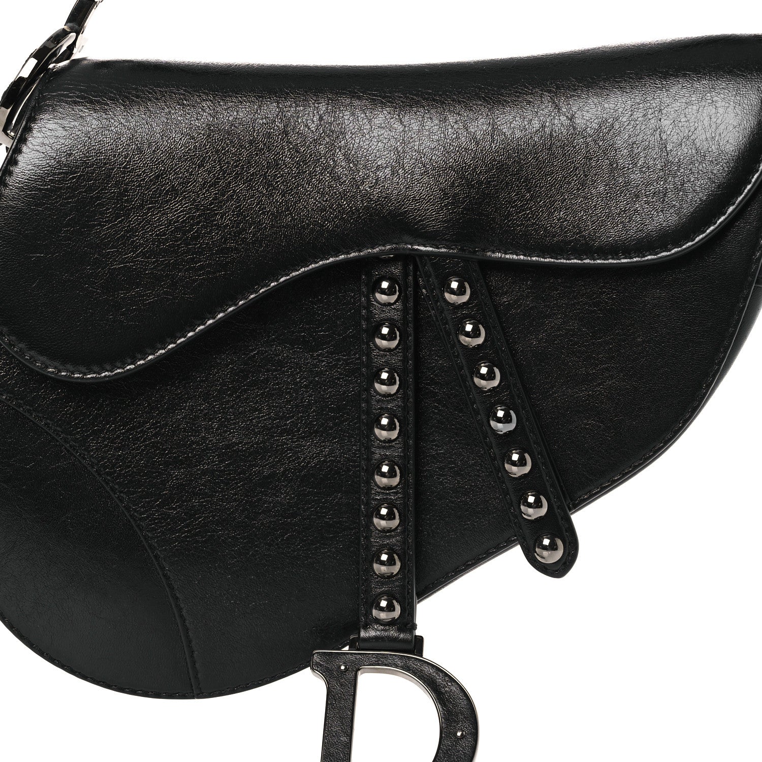 Shiny Crinkled Calfskin Studded Saddle Bag Black