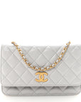 Caviar Quilted Textured CC Wallet on Chain WOC Grey