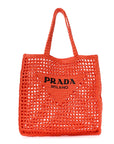 Yarn Raffia Effect Crochet Logo Embroidered Tote Bag Arancio