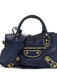Calfskin Crocodile Embossed Gold Metallic Edge Hardware Mini City Bleu