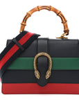 Moon Calfskin Web Medium Dionysus Bamboo Top Handle Bag Blue Emerald Hibiscus Red