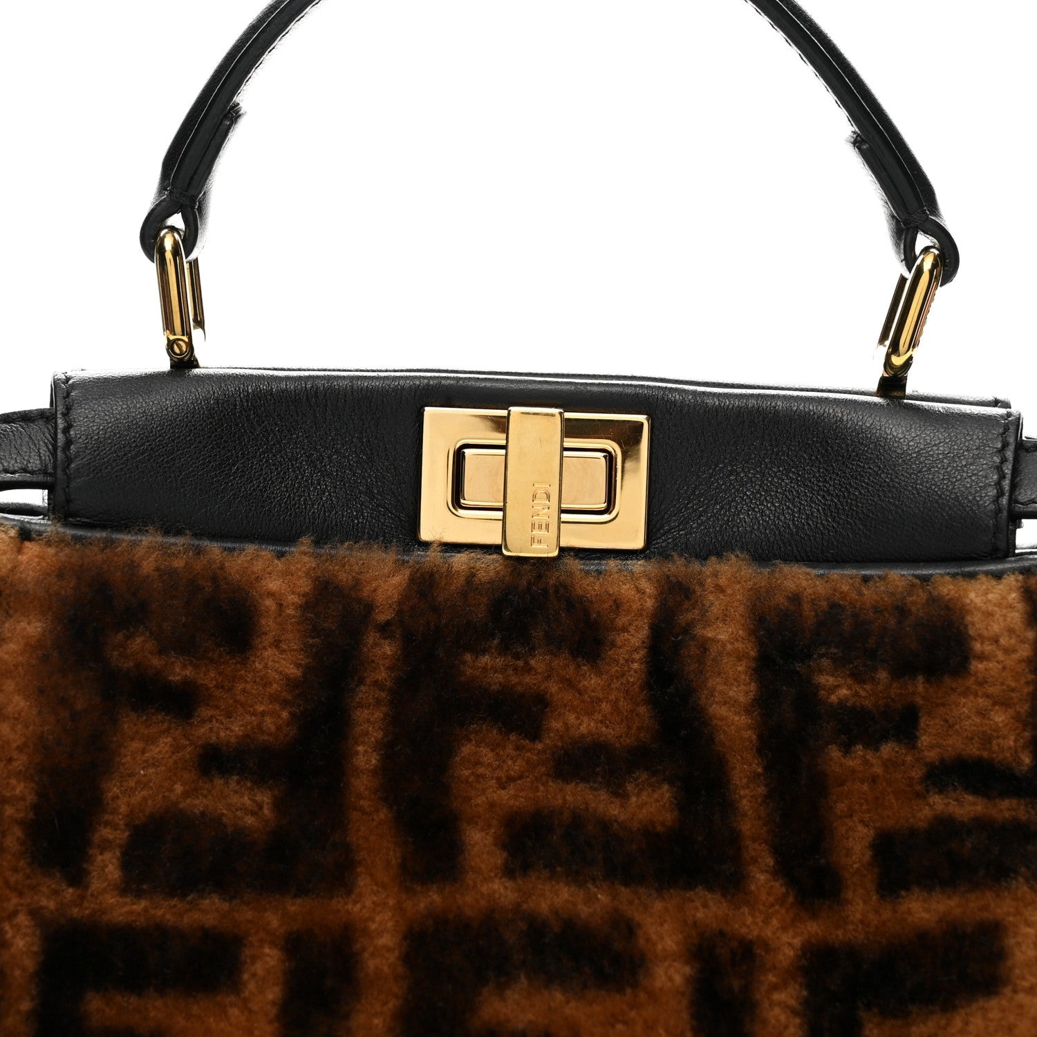 Shearling Nappa Macro FF 1974 Mini Peekaboo Iconic Satchel Tobacco Black