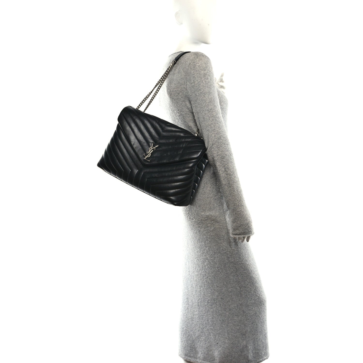 Calfskin Y Quilted Monogram Large Loulou Chain Satchel Black