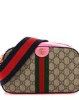 GG Supreme Monogram Textured Dollar Calfskin Web Ophidia Small Crossbody Bag Beige Ebony Fuchsia
