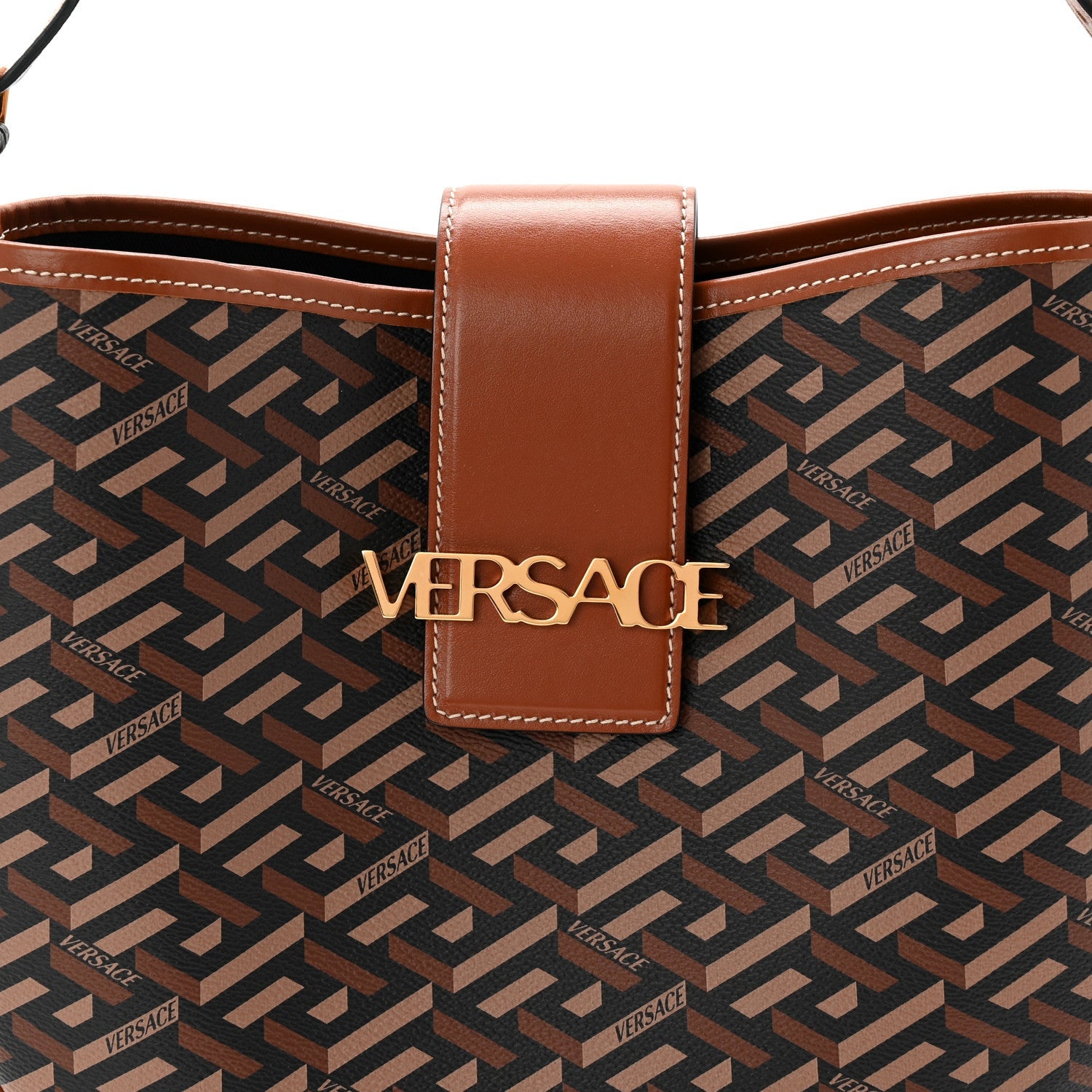 Coated Canvas Calfskin La Greca Signature Shoulder Bag Black Caramel