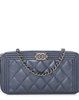 Metallic Caviar Quilted Small Boy Clutch With Chain Navy