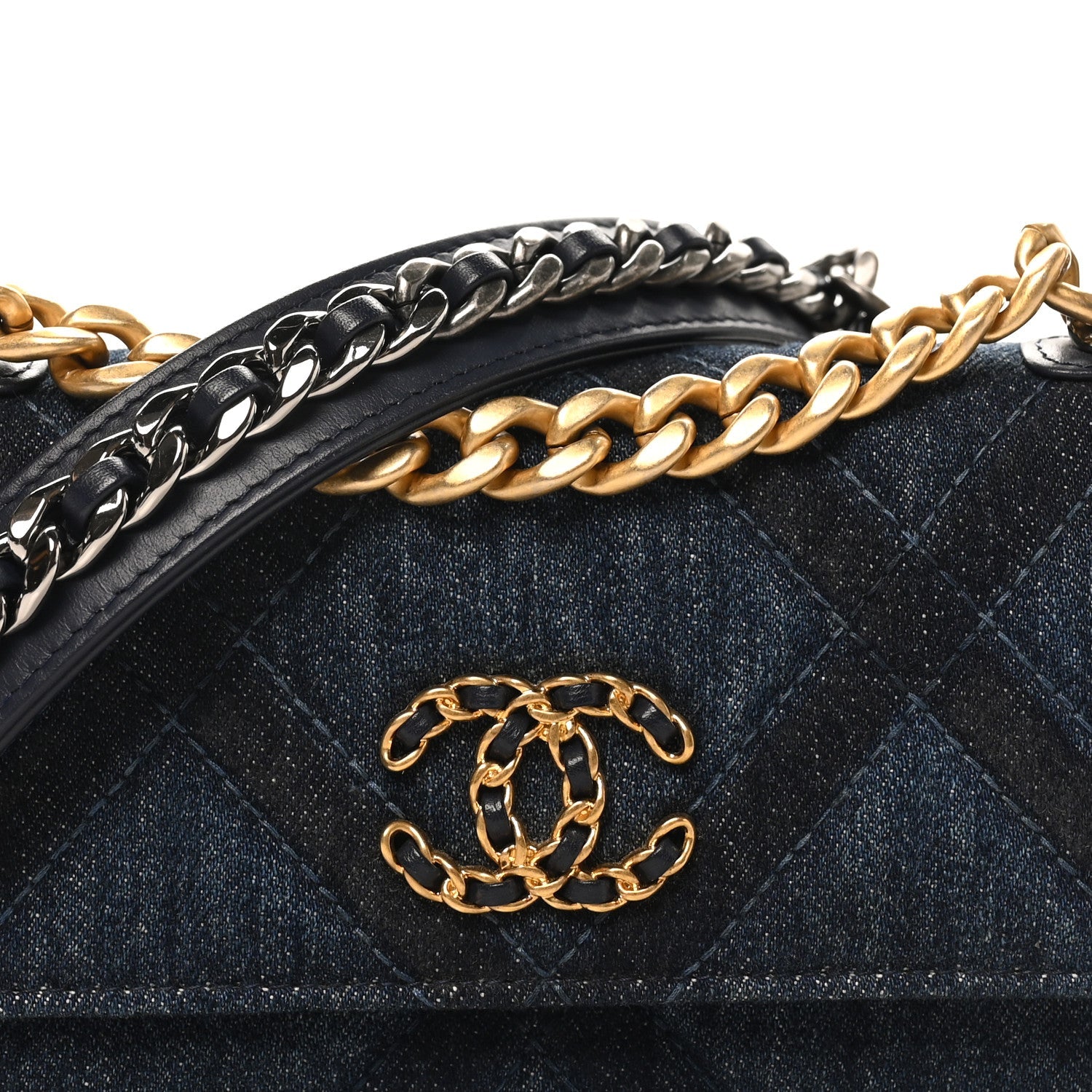 Denim Quilted CHNL 19 Flap Phone Holder With Chain Blue