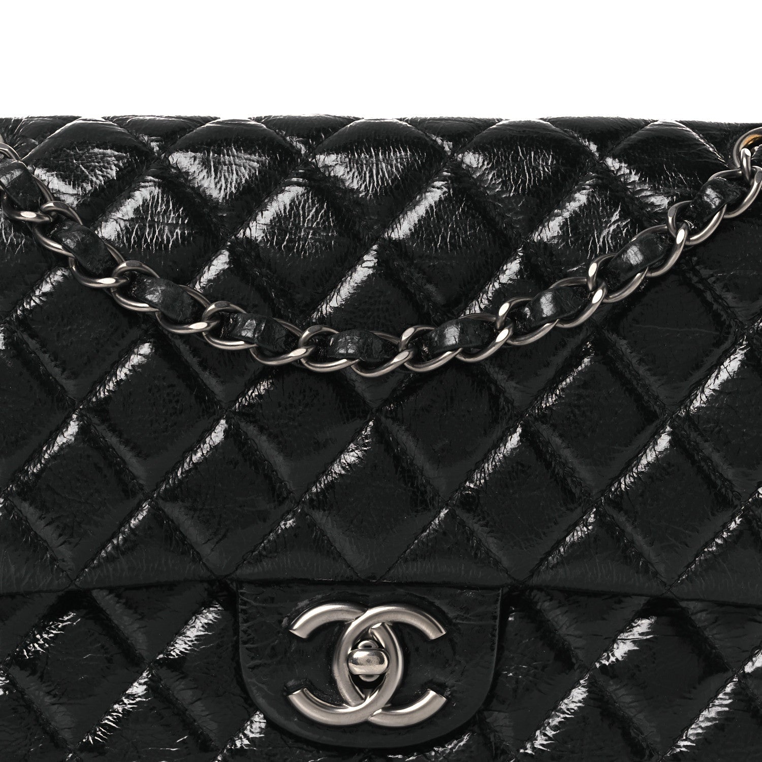 Distressed Patent Quilted Medium Double Flap Black
