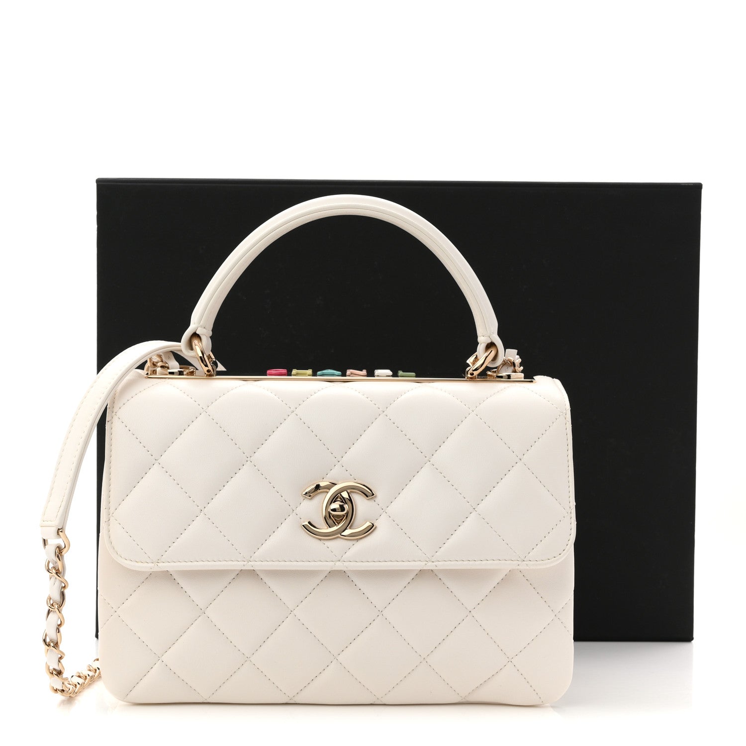 Lambskin Lacquered Quilted Small Trendy CC Dual Handle Flap Bag White