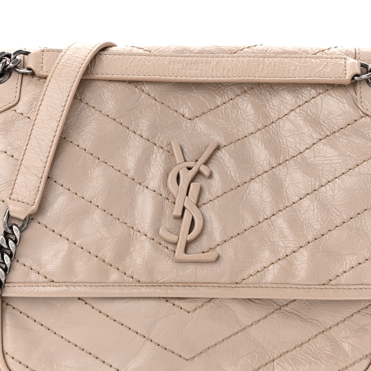 Crinkled Calfskin Matelasse Monogram Medium Niki Chain Satchel Light Natural