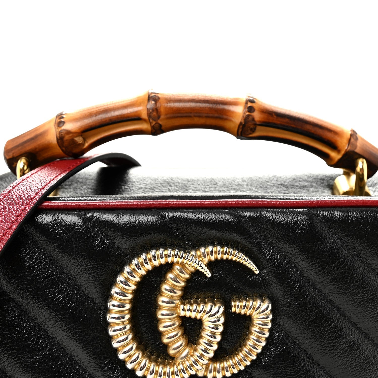 Vintage Effect Calfskin Matelasse Diagonal Small Torchon GG Marmont Bamboo Top Handle Shoulder Bag Black Romantic Cherry
