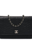 Lambskin Camellia Embossed Wallet on Chain WOC Black